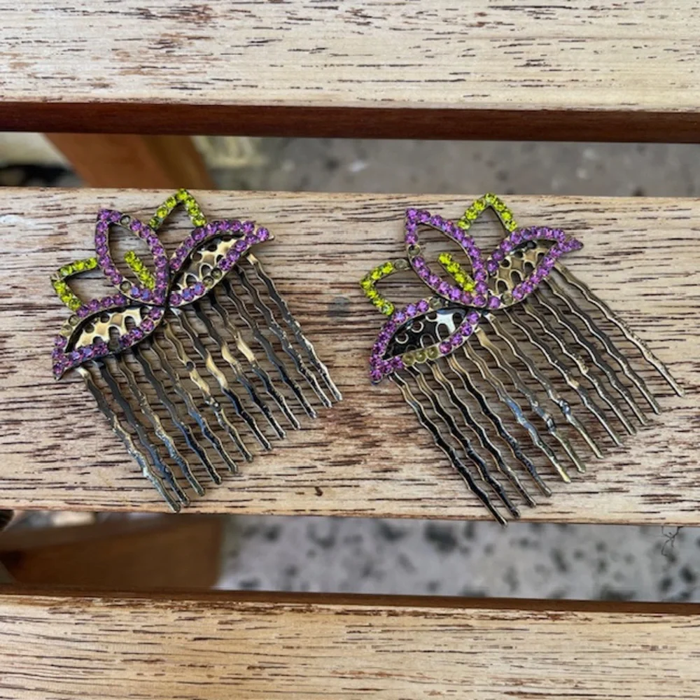 Purple & Green Rhinestone Decorative Metal Hair Combs